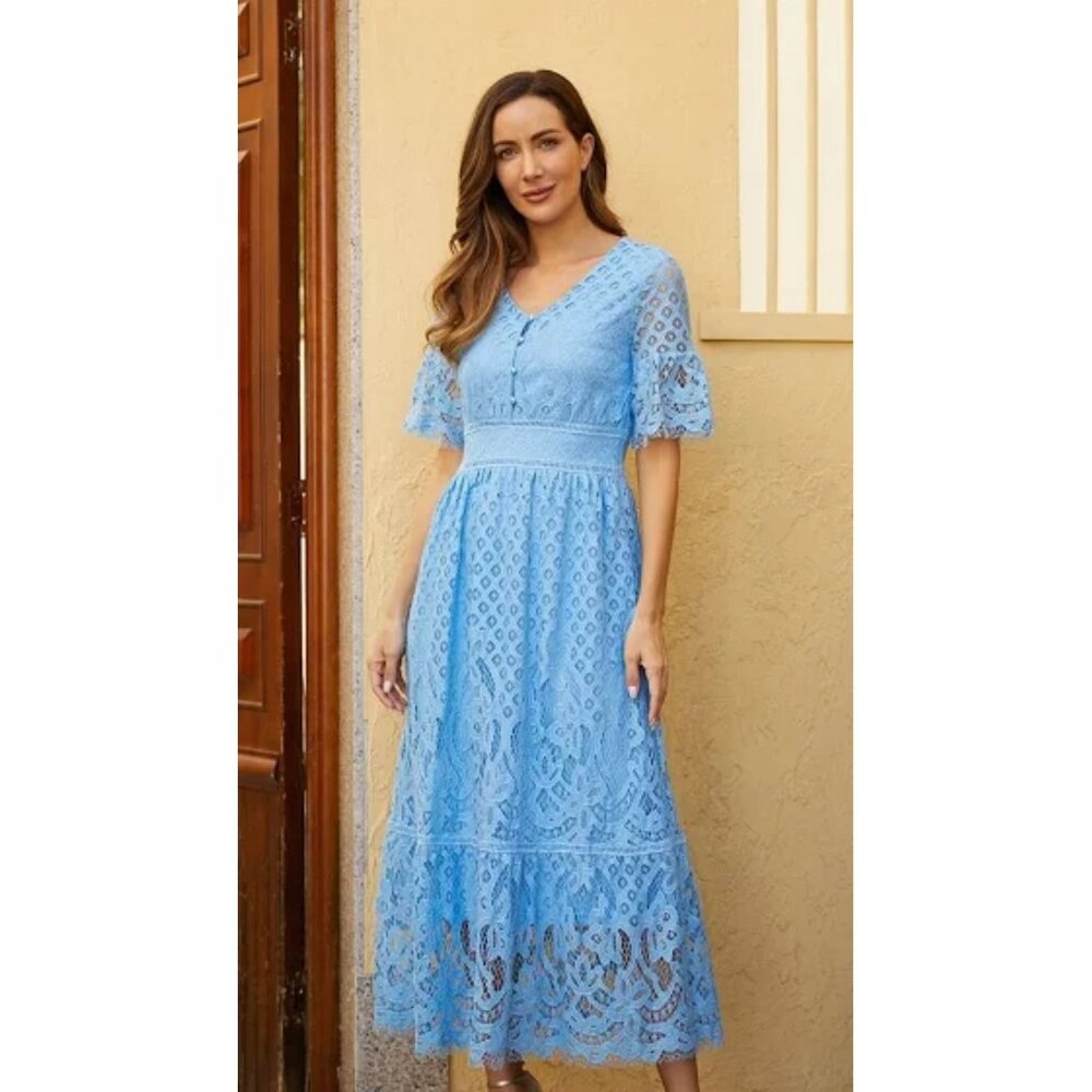 Half Sleeve V Neck Button Detail Lace Embroidery Midi Dress